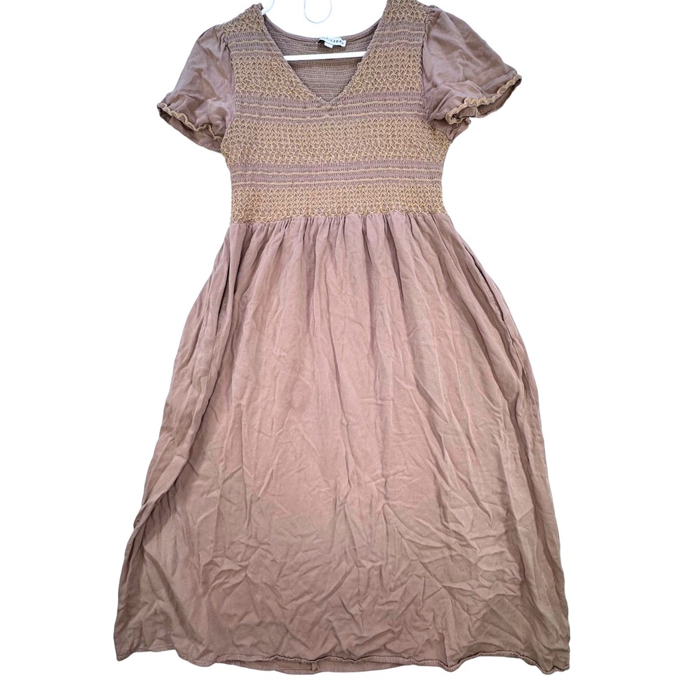 Baltic Born Midi Dress Womens L Smocked Puff Sleeve Farm Chic Cottagecore Rayon